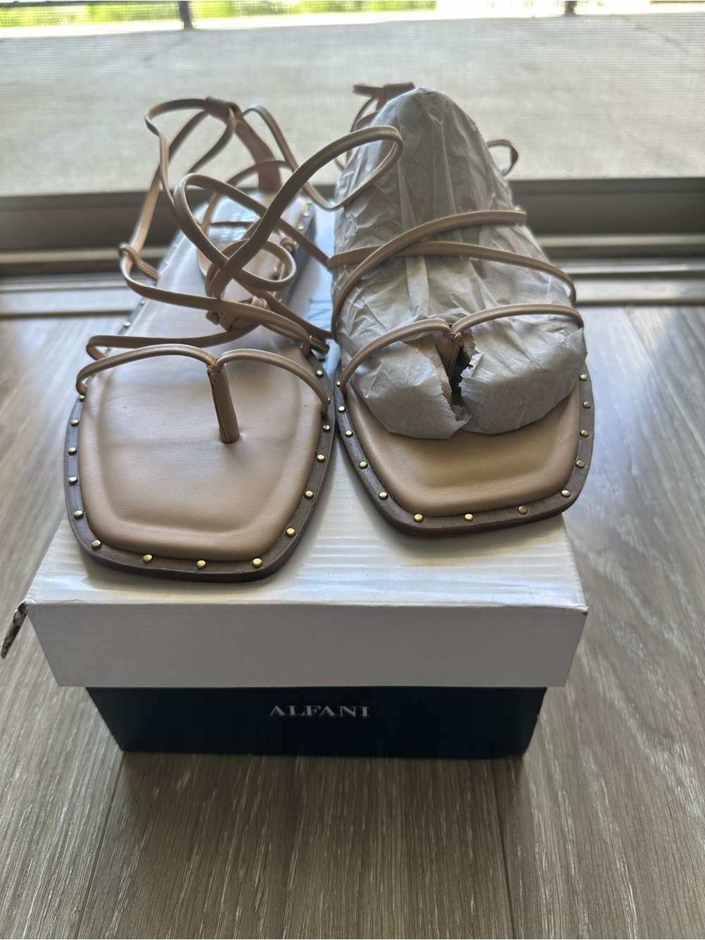 Alfani Women's Tan Strappy Studded Square-Toe Sandals